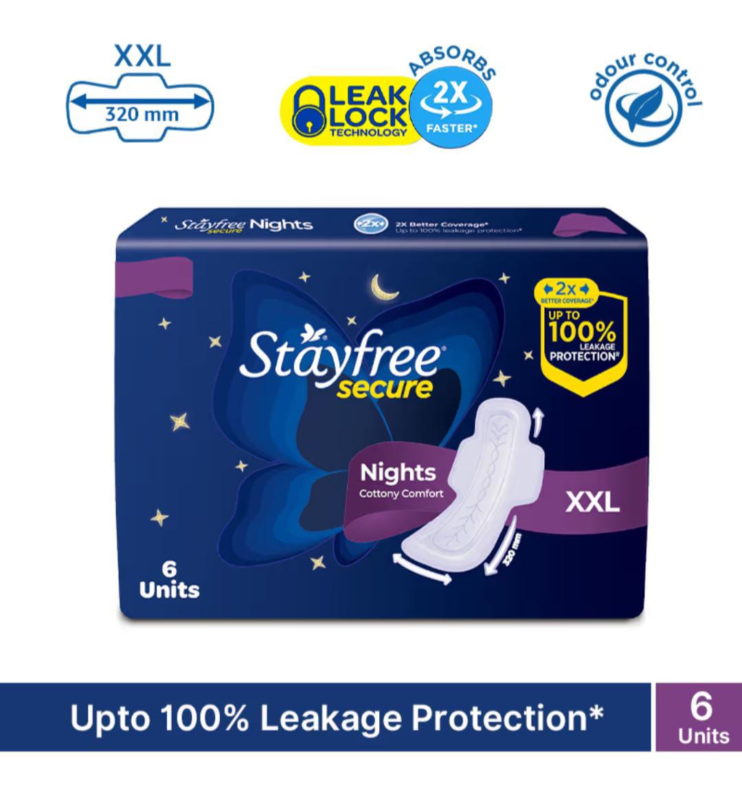 Stayfree Secure Night Sanitary Pads with Cottony Soft Cover – 6 pcs (Pack of 1)
