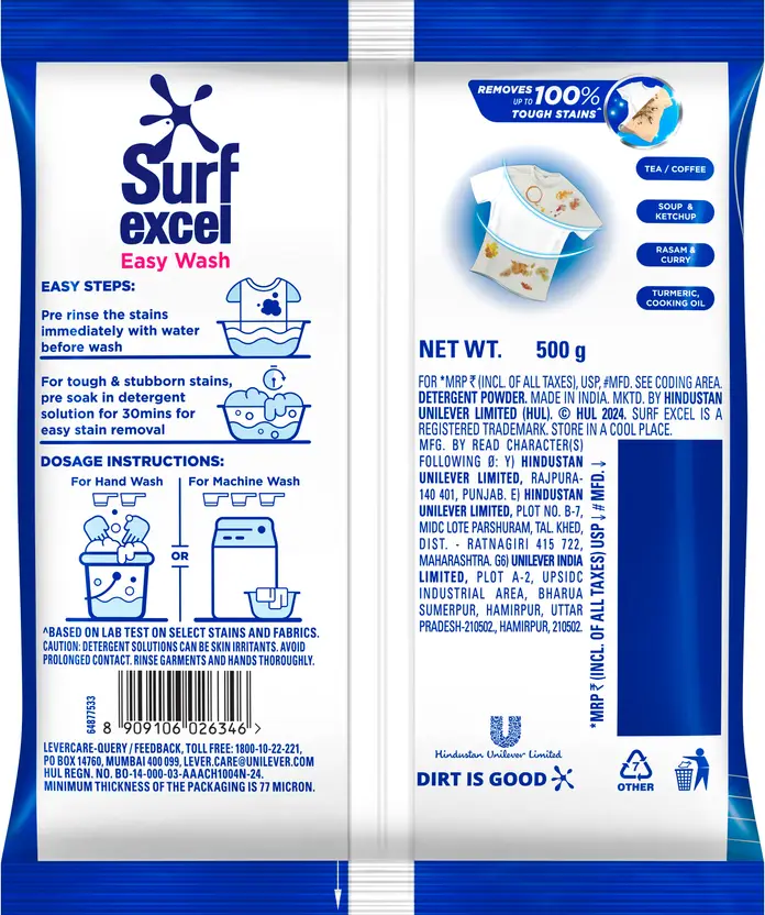 surf excel easy wash detergent powder  (500 g)