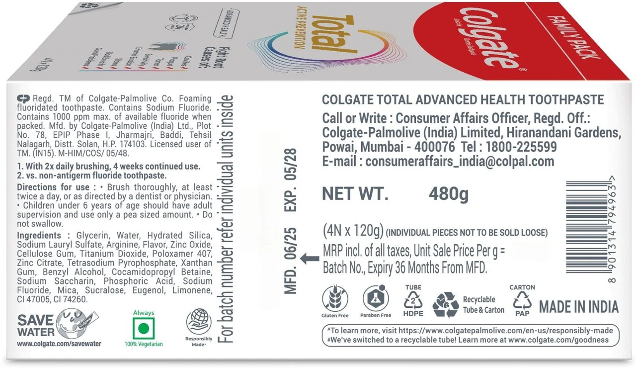colgate total advanced healthy toothpaste – 480 g (pack of 4)