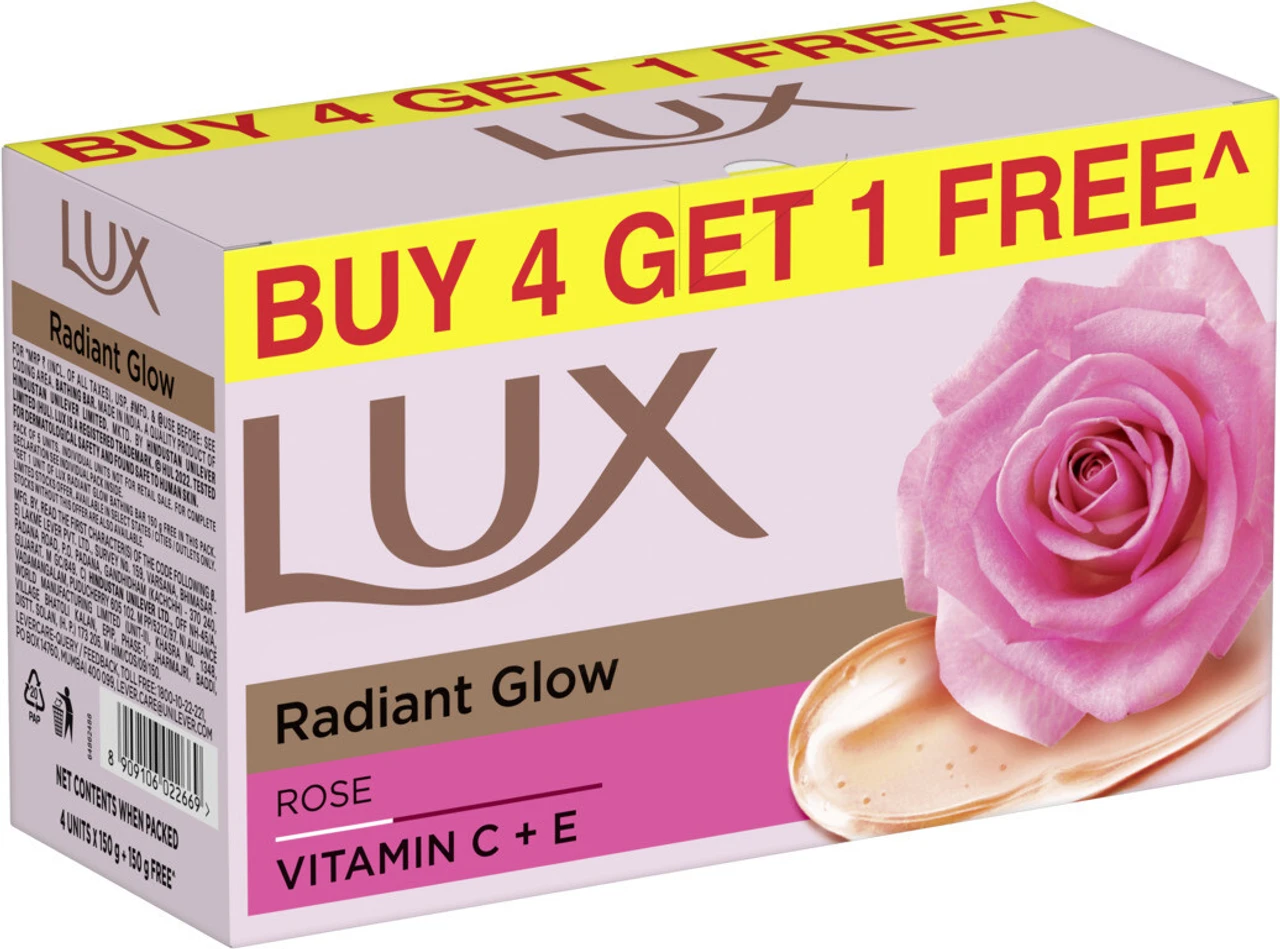 lux soft glow rose & vitamin e bathing soap – buy 4 get 1 free (5 x 150 g)