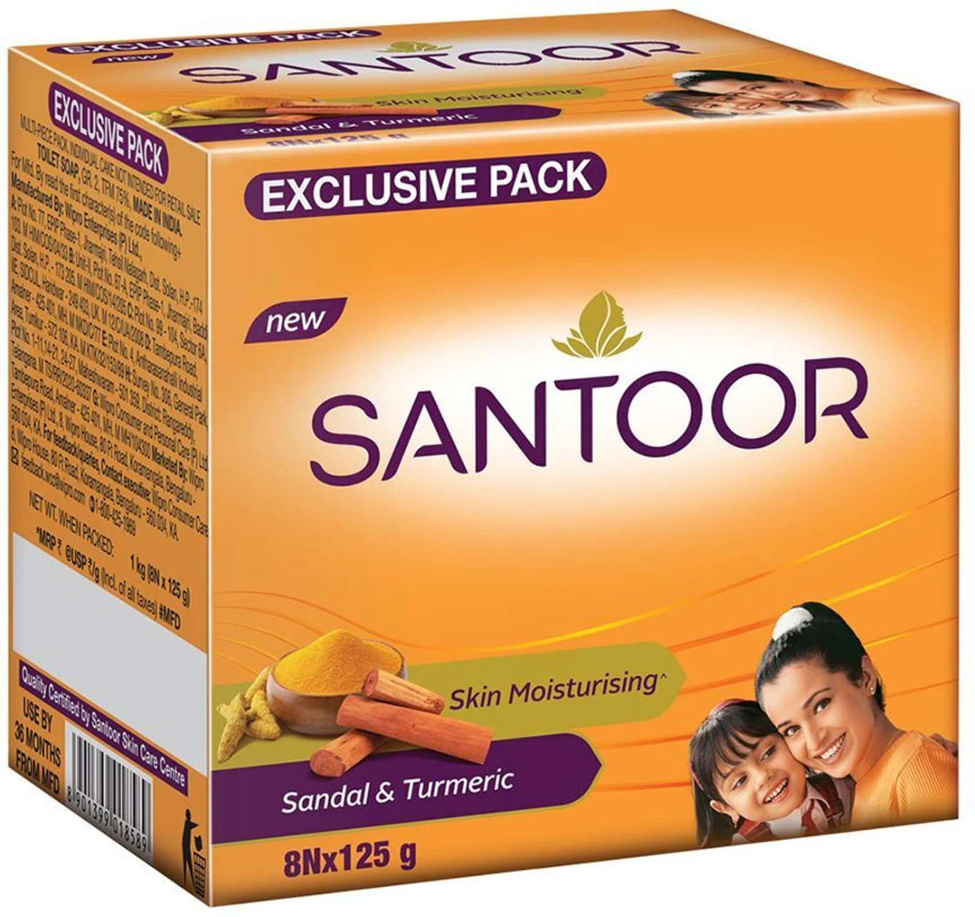 santoor skin moisturizing sandal & turmeric bathing bar – 8 × 125 g